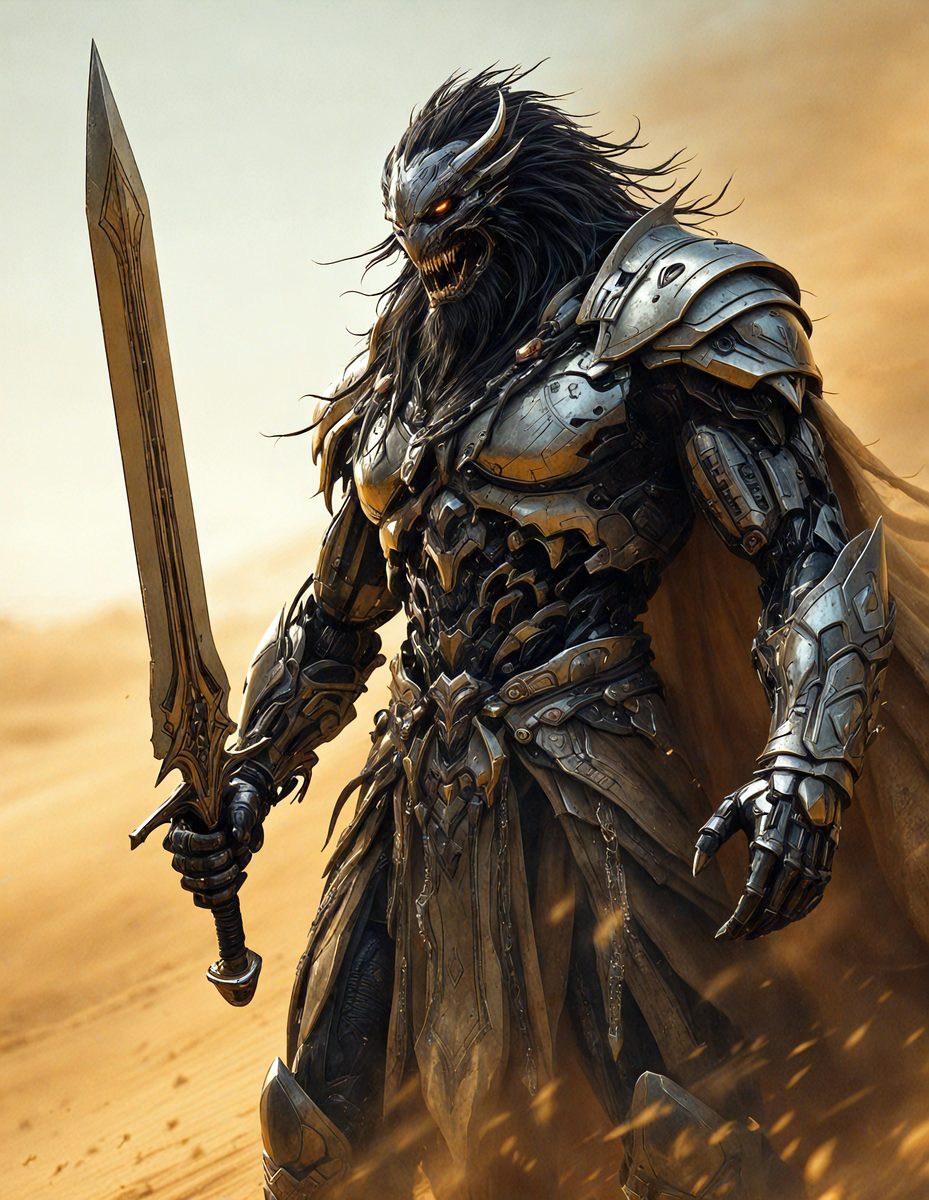 The primary subject of the image is a man dressed in a metal armor, holding a sword. He appears to be a warrior or a character from a fantasy story. The setting is a desert environment, with sand visible in the background. The visual style of the image is digital art, as it is a detailed and intricate illustration. The dominant colors in the image are shades of brown and black, giving the scene a dramatic and intense atmosphere.